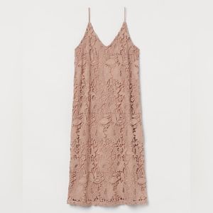 H&M NWT Women's Lace Spaghetti Straps Lined Pale Pink/Tan dusty rose Midi Shift